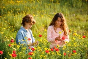 Children picking flowers in grassy meadow, concept of spending time with nature and environment