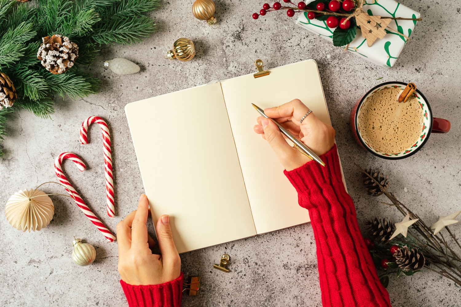 hands in red sweater with blank notebook writing goals