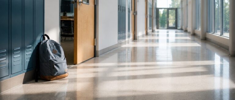 image of a backpack left in an empty school corridor. Concept of school avoidance.