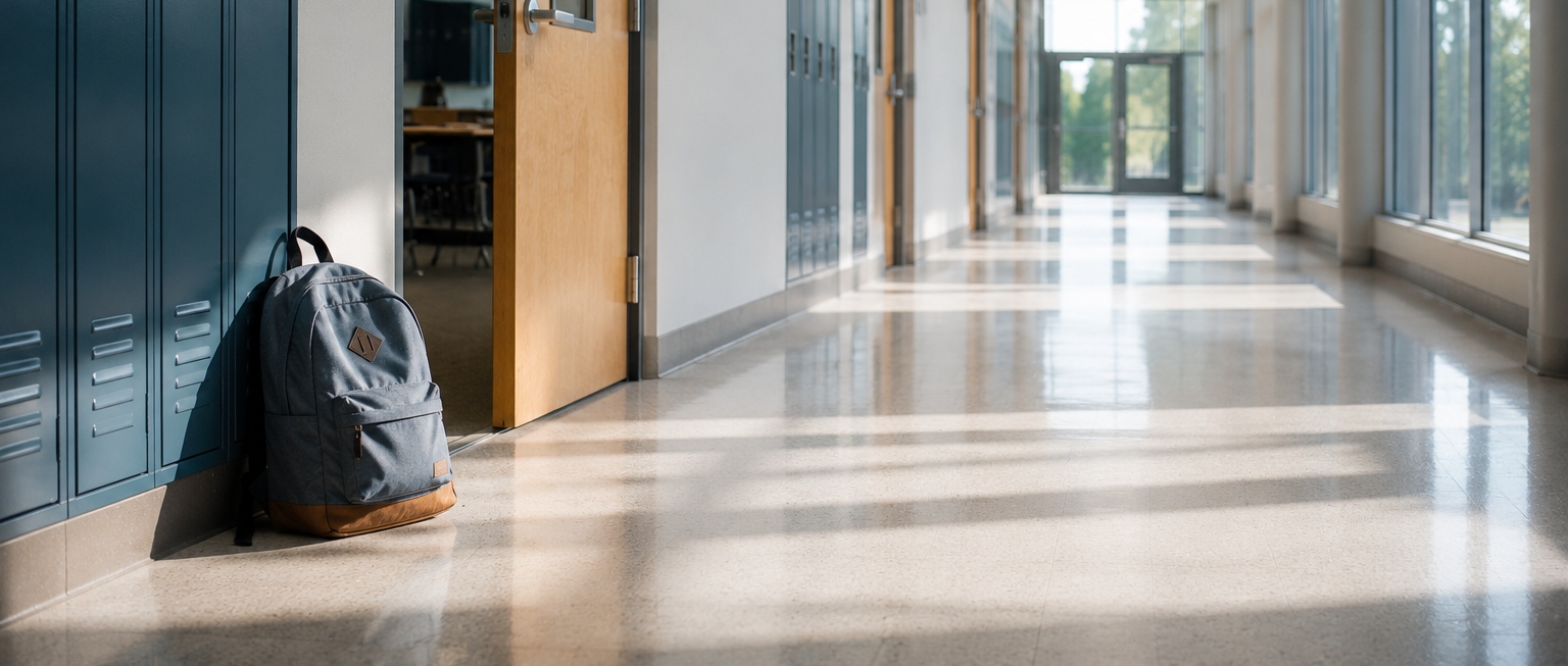 image of a backpack left in an empty school corridor. Concept of school avoidance.