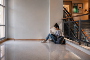 image of a teenage girl sitting alone in an empty area in school, looking distressed, sad. Concept of emotional dysregulation.