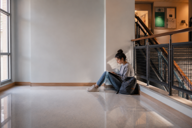 image of a teenage girl sitting alone in an empty area in school, looking distressed, sad. Concept of emotional dysregulation.