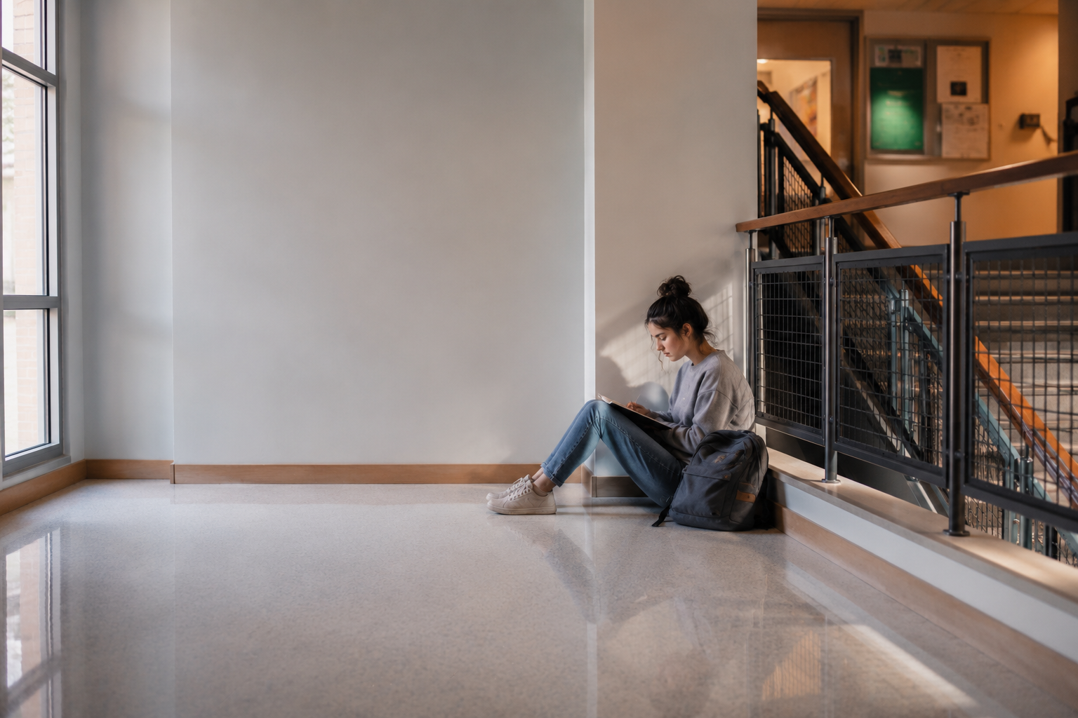 image of a teenage girl sitting alone in an empty area in school, looking distressed, sad. Concept of emotional dysregulation.