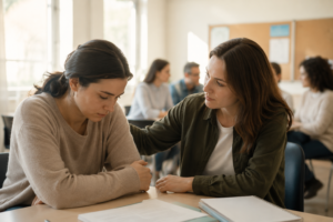 image of a female student looking sad, distressed at school or home, mother or teacher beside her offering support