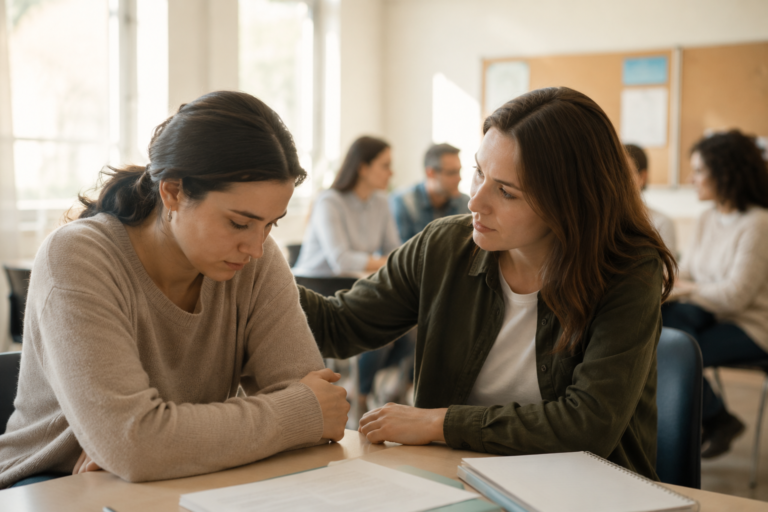 image of a female student looking sad, distressed at school or home, mother or teacher beside her offering support