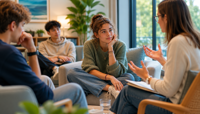 image of teenagers listening to a therapist or counselor, group setting