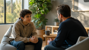 teenage boy speaking to his father in a comfortable home setting